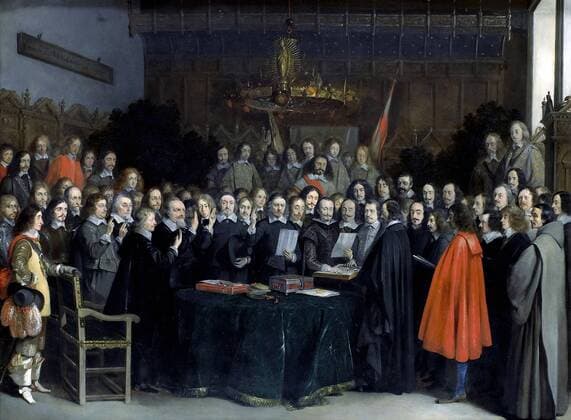 Gerard ter Borch (1617 – 1681). The swearing of the oath of ratification of the treaty of Munster in 1648 . Ratification of the Peace of Westphalia 1648 in Munster. Date 1648 Oil on copper WHA  !ACHTUNG AUFNAHMEDATUM GESCHÄTZT! Copyright: WHA UnitedArchives0126367