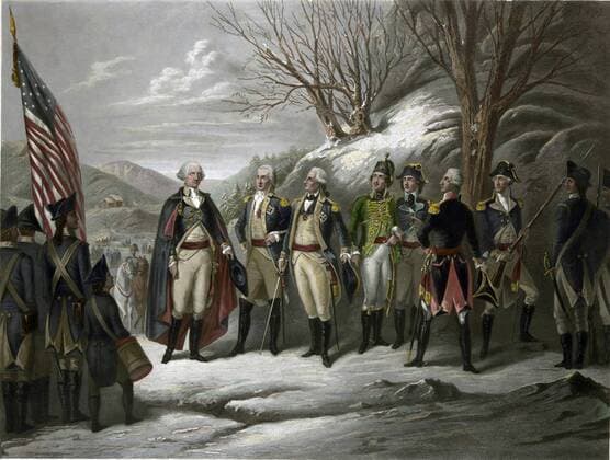 Revolutionary War 1775-1783 (American War of Independence): George Washington, left, with other officers including De Kalb, Von Steuben, Pulaski, Kosciouszko, Lafayette and Muhlenberg. Coloured print after Frederick Girsch (1821-1895). WHA  !ACHTUNG AUFNAHMEDATUM GESCHÄTZT! Copyright: WHA UnitedArchives014013