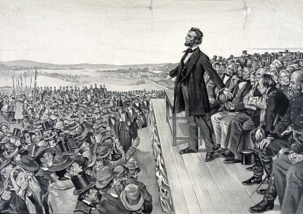 Abraham Lincoln making his famous address on 19 November 1863 at the dedication of the Soldiers National Cemetery at Gettysburg on the site of the American Civil War battle with the greatest number of casualties. WHA  !ACHTUNG AUFNAHMEDATUM GESCHÄTZT! Copyright: WHA UnitedArchives014961