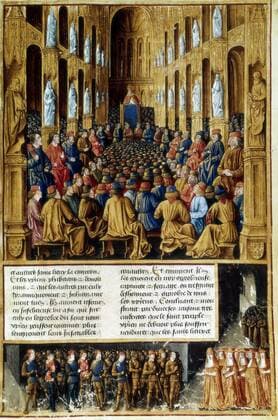 Pope Urban II presiding over the Council of Clermont, France, 1095 (c1490). Urban II (c1035-1099), Pope from 1088-1099, preaching the First Crusade to assembled knights, noblemen and cardinals. From Le Passage faits outremer ... (Journeys to Palestine ...) Manuscript illuminated by Sebastien Mamerot c1490. Bibliotheque Nationale, Paris. WHA  !ACHTUNG AUFNAHMEDATUM GESCHÄTZT! Copyright: WHA UnitedArchives0390003599