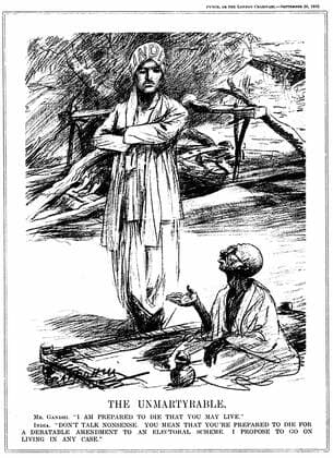 IMAGO ICONS: Mahatma Gandhi Mohondas Karamchand Gandhi (1869-1948), known as Mahatma (Great Soul). Indian Nationalist leader. Gandhi fasting in protest against the British government s proposal to segregate India s Untouchables, even to the extent of allotting them different electorates. Cartoon from Punch , London, 28 September 1932 WHA  !ACHTUNG AUFNAHMEDATUM GESCHÄTZT! Copyright: WHA UnitedArchives0390005527