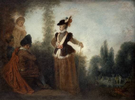 The Adventuress 1717. Oil on canvas. Jean-Antoine Watteau (1684-1721) French painter. Garden landscape with fashionably dressed woman in centre. Local Caption WHA  !ACHTUNG AUFNAHMEDATUM GESCHÄTZT! Copyright: WHA UnitedArchives0510001340