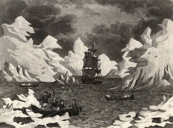 Captain James Cook s (1728-1779) second voyage 1771-1775 in which he circumnaviagated the globe in Resolute . View among the Antarctic icebergs on 9 January, 1773. Engraving. WHA  !ACHTUNG AUFNAHMEDATUM GESCHÄTZT! Copyright: WHA UnitedArchives0510010690