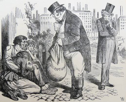 Lancashire Cotton Famine: Private charity for mill workers unemployed due to blockade of Southern ports during American Civil War told that the Government led by Palmerston must now help them . John Tenniel cartoon from Punch , London, 1862. WHA  !ACHTUNG AUFNAHMEDATUM GESCHÄTZT! Copyright: WHA UnitedArchivesWHA_038_0083