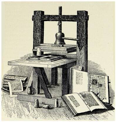 IMAGO History, Erfindung des Buchdrucks durch Johannes Gutenberg um 1450 Johann Gutenberg s (1400-1468) first printing press. Engraving published Mainz 1856. WHA  !ACHTUNG AUFNAHMEDATUM GESCHÄTZT! Copyright: WHA UnitedArchivesWHA_038_0465