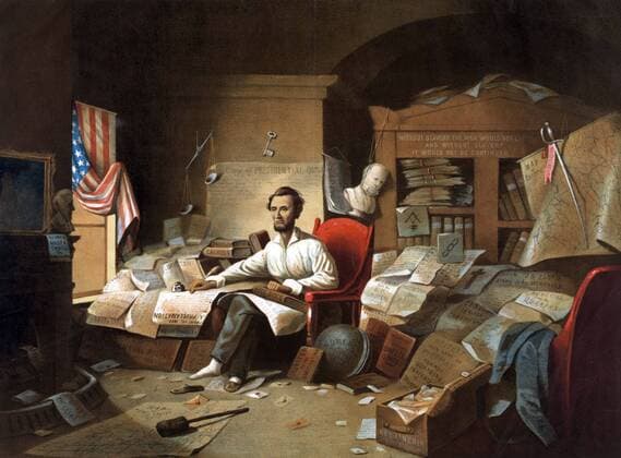 President Abraham Lincoln witing the Proclamation of Freedom 1863. 16th President of the United States of America. David Gilmour Blythe WHA  !ACHTUNG AUFNAHMEDATUM GESCHÄTZT! Copyright: WHA UnitedArchivesWHA_4435_TR