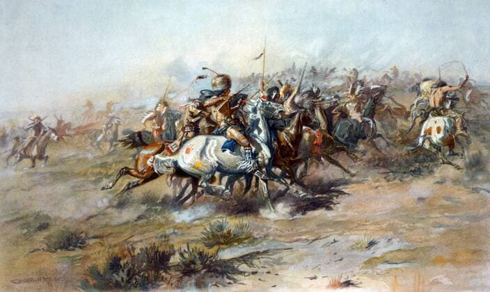 The Custer Fight 1903. The Battle of the Little Bighorn, showing Native Americans on horseback in foreground. Charles M. Russell WHA  !ACHTUNG AUFNAHMEDATUM GESCHÄTZT! Copyright: WHA UnitedArchivesWHA_4488_TR