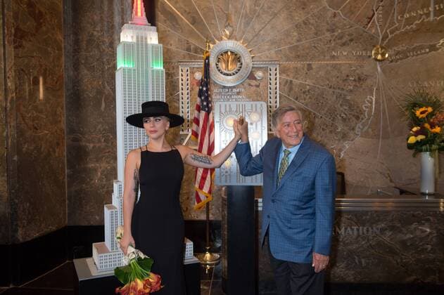 August 3, 2016 - New York, New York, USA - TONY BENNETT and LADY GAGA light the Empire State Building in honor of 90 years of Bennett s musical legacy, Wednesday, August 3, 2016. New York USA - ZUMAb148