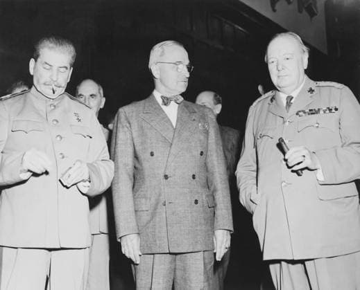 Vintage World War II photo of Premier Joseph Stalin, President Harry Truman, and Prime Minister Winston Churchill.  Copyright: JohnxParrot StocktrekxImages JPA101035M