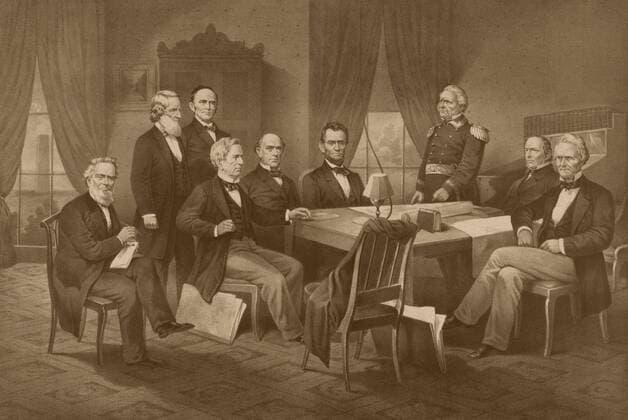 Vintage Civil War print of President Abraham Lincoln, his cabinet, and General Winfield Scott.  Copyright: JohnxParrot StocktrekxImages JPA101188M