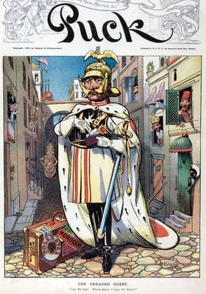 The dreaded guest by Carl Hassmann, 1869-1933, artist published 1905. William II, emperor of Germany, standing in the middle of a narrow cobblestone street, possibly in Italy (the pope, wearing the papal crown, is walking down the street, into the background), taking a visiting card labeled Wilhelm from a small pouch in his left hand. The French flag is hanging above a door labeled RF , on the left, where a man is leaning out a window. Austria appears to be the next door on the left, and other rulers lean out windows on both sides of the street. At William s feet is a suitcase with labels William Berlin, Hotel Britain, Polar Star, and Morocco . WHA !ACHTUNG AUFNAHMEDATUM GESCHÄTZT! Copyright: WHA UnitedArchivesWHA_045_0070