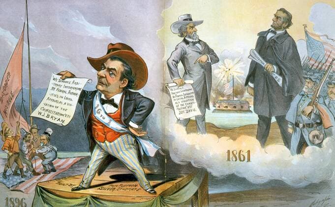 History repeats itself by Louis Dalrymple (1866-1905). Cartoon showing William J. Bryan facing Tillman, Altgeld, Debs, and J.P. Jones, who are raising the flag, dis-order and mis-rule . Next to them Jefferson Davis faces Abraham Lincoln and the Union Army. WHA  !ACHTUNG AUFNAHMEDATUM GESCHÄTZT! Copyright: WHA UnitedArchivesWHA_046_0158