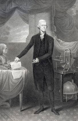 Thomas Jefferson, full-length portrait, standing beside table, facing slightly right, holding the Declaration of Independence and pointing to it. WHA  !ACHTUNG AUFNAHMEDATUM GESCHÄTZT! Copyright: WHA UnitedArchivesWHA_050_0136
