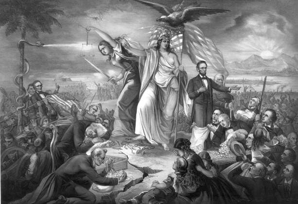 The outbreak of the rebellion in the United States, 1861 A grand allegory of the Civil War in America, harshly critical of the Buchanan administration, Jefferson Davis, and the Confederacy. In the center stands Liberty, wearing a Phrygian cap and a laurel wreath. She is flanked by the figures of Justice (unblindfolded, holding a sword and scales) and Abraham Lincoln. WHA  !ACHTUNG AUFNAHMEDATUM GESCHÄTZT! Copyright: WHA UnitedArchivesWHA_050_0205