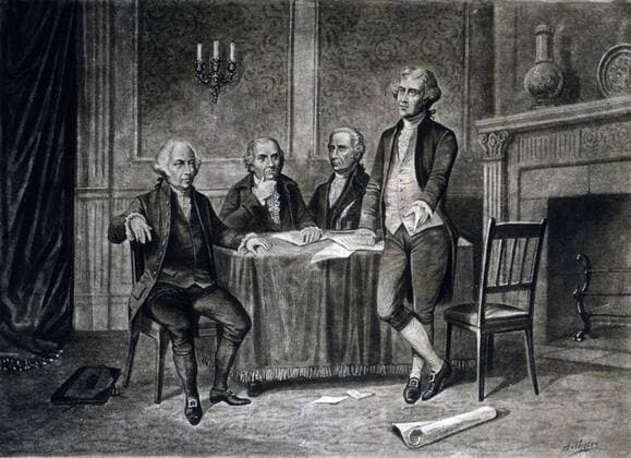 Leaders of the Continental Congress John Adams, Gouverneur Morris, Alexander Hamilton, and Thomas Jefferson around table. WHA  !ACHTUNG AUFNAHMEDATUM GESCHÄTZT! Copyright: WHA UnitedArchivesWHA_050_0288