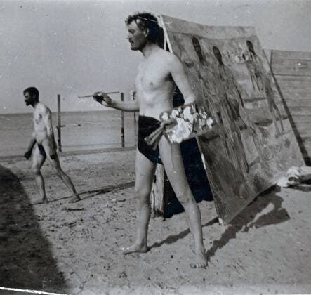 Norwegian painter Edvard Much, painting a self-portrait on the beach. Painted in Warnemünde, Germany, 1907. WHA  !ACHTUNG AUFNAHMEDATUM GESCHÄTZT! Copyright: WHA UnitedArchivesWHA_051_0734
