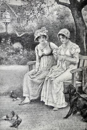 Engraving of Jane Austen and her sister Cassandra doing needlework in the rectory garden. Dated 1810 WHA  !ACHTUNG AUFNAHMEDATUM GESCHÄTZT! Copyright: WHA UnitedArchivesWHA_052_0926