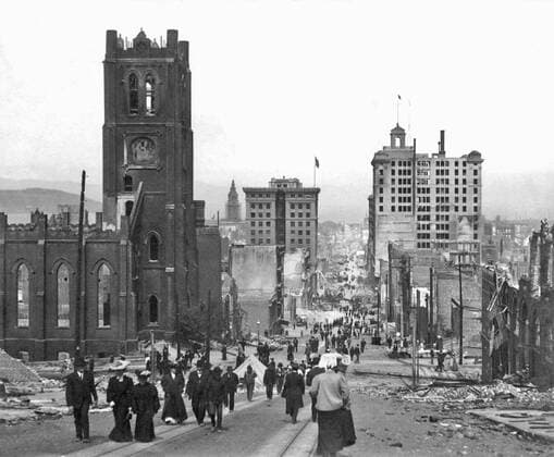 View of California Street in san Francisco after the 1906 Earthquake WHA  !ACHTUNG AUFNAHMEDATUM GESCHÄTZT! Copyright: WHA UnitedArchivesWHA_054_0414