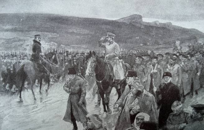 Painting depicting the siege of Port Arthur, the longest and most violent land battle of the Russo-Japanese War. Dated 20th Century WHA  !ACHTUNG AUFNAHMEDATUM GESCHÄTZT! Copyright: WHA UnitedArchivesWHA_076_0471
