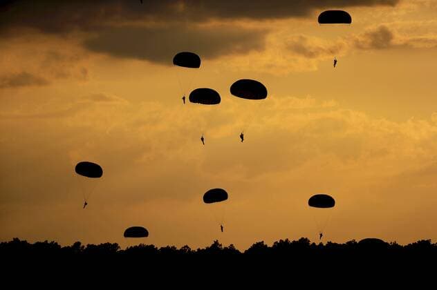 September 12, 2010 - U.S. Army Soldiers from the 82nd Airborne Division parachute down on to drop zone Luzon after jumping from a C-130 Hercules during Airborne Operations at Fort Bragg, North Carolina.  Copyright: StocktrekxImages stk103910m