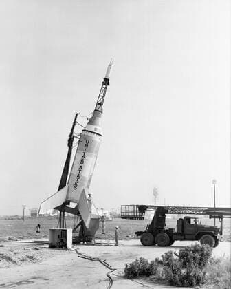 August 21, 1959 - Little Joe on launcher at Wallops Island. Little Joe was a test of the escape and recovery systems on the Mercury spacecraft.  Copyright: StocktrekxImages stk203896s