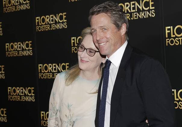 Hugh Grant and Meryl Streep arrive on the red carpet at the Florence Foster Jenkins New York Premiere at AMC Loews Lincoln Square 13 Theater on August 9, 2016 in New York City.  NYP20160809114 JOHNxANGELILLO