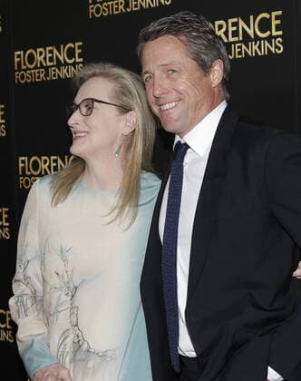 Hugh Grant and Meryl Streep arrive on the red carpet at the Florence Foster Jenkins New York Premiere at AMC Loews Lincoln Square 13 Theater on August 9, 2016 in New York City.  NYP20160809115 JOHNxANGELILLO