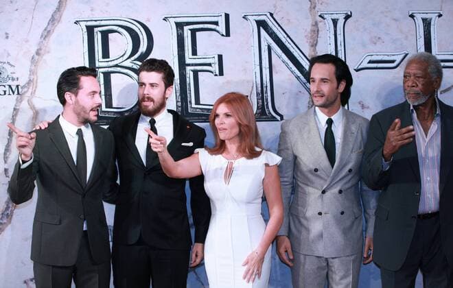 L-R, British actors Jack Huston and Toby Kebbell, Irish actress and producer Roma Downey, Brazilian actor Rodrigo Santoro and US actor Morgan Freeman arrive for the world premier of Ben Hur at the Metropolitan Theater in Mexico City, Mexico, 09 August 2016. EFE Mario Guzman World premier of Ben Hur in Mexico City !ACHTUNG: NUR REDAKTIONELLE NUTZUNG!  MEX25 20160810-636064095427109630