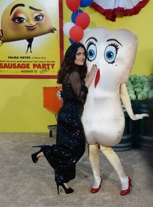 Cast member Salma Hayek, the voice of Teresa in the animated motion picture comedy Sausage Party attends the premiere of the film at the Regency Village Theatre in the Westwood section of Los Angeles on August 9, 2016. Storyline: A sausage strives to discover the truth about his existence.  LAP2016080902 JIMxRUYMEN