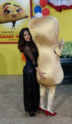 Cast member Salma Hayek, the voice of Teresa in the animated motion picture comedy Sausage Party attends the premiere of the film at the Regency Village Theatre in the Westwood section of Los Angeles on August 9, 2016. Storyline: A sausage strives to discover the truth about his existence.  LAP2016080903 JIMxRUYMEN