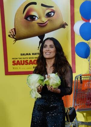 Cast member Salma Hayek, the voice of Teresa in the animated motion picture comedy Sausage Party attends the premiere of the film at the Regency Village Theatre in the Westwood section of Los Angeles on August 9, 2016. Storyline: A sausage strives to discover the truth about his existence.  LAP2016080906 JIMxRUYMEN