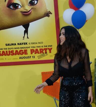 Cast member Salma Hayek, the voice of Teresa Taco in the animated motion picture comedy Sausage Party attends the premiere of the film at the Regency Village Theatre in the Westwood section of Los Angeles on August 9, 2016. Storyline: A sausage strives to discover the truth about his existence.  LAP2016080946 JIMxRUYMEN