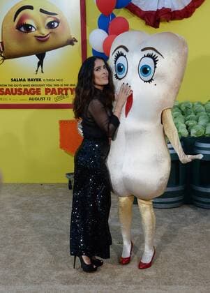 Cast member Salma Hayek, the voice of Teresa Taco in the animated motion picture comedy Sausage Party attends the premiere of the film at the Regency Village Theatre in the Westwood section of Los Angeles on August 9, 2016. Storyline: A sausage strives to discover the truth about his existence.  LAP2016080953 JIMxRUYMEN