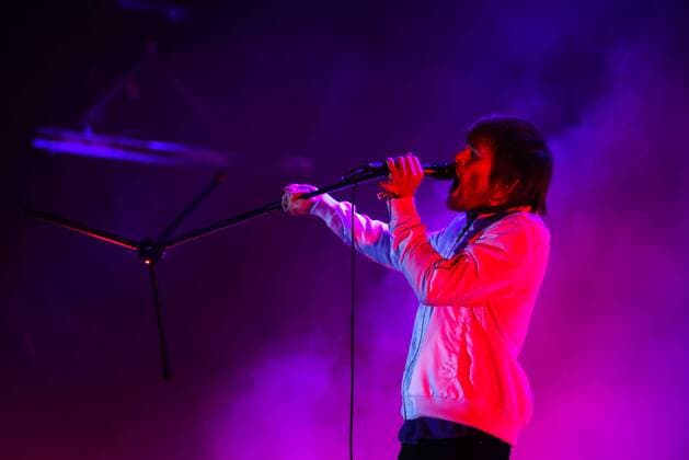 RIGA, LATVIA - AUGUST 11, 2016: Enter Shikari rock band frontman Rou Reynolds performs at the opening of 2016 KUBANA music festival on Lucavsala Island. Artyom Geodakyan TASS  TS02CC69