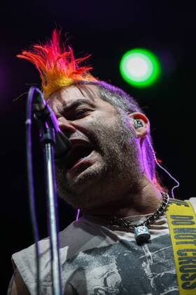 RIGA, LATVIA - AUGUST 11, 2016: NOFX rock band frontman Fat Mike performs at the opening of 2016 KUBANA music festival on Lucavsala Island. Artyom Geodakyan TASS  TS02CC6E