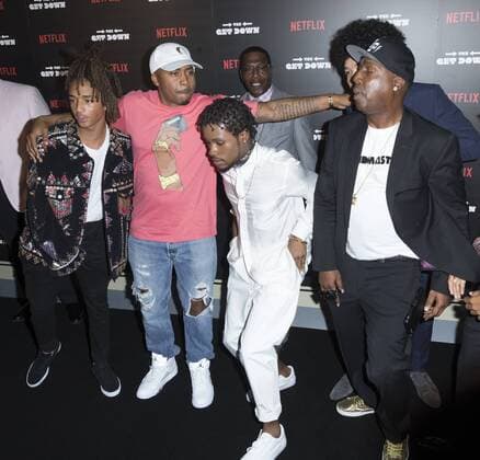 USA: The Get Down premiere in New York Jaden Smith, Nas, Shameik Moore, Shameik Moore, Grandmaster Flash, and Justice Smith attend The Get Down Netflix original series premier at Lehman Center for performing arts in the Bronx.  LevxRadin