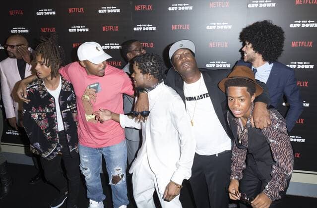 USA: The Get Down premiere in New York Jaden Smith, Nas, Shameik Moore, Shameik Moore, Grandmaster Flash, Justice Smith, and Tremaine Brown Jr attend The Get Down Netflix original series premier at Lehman Center for performing arts in the Bronx.  LevxRadin
