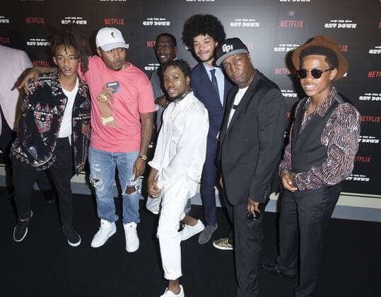 USA: The Get Down premiere in New York Jaden Smith, Nas, Shameik Moore, Shameik Moore, Grandmaster Flash, Justice Smith, and Tremaine Brown Jr attend The Get Down Netflix original series premier at Lehman Center for performing arts in the Bronx.  LevxRadin