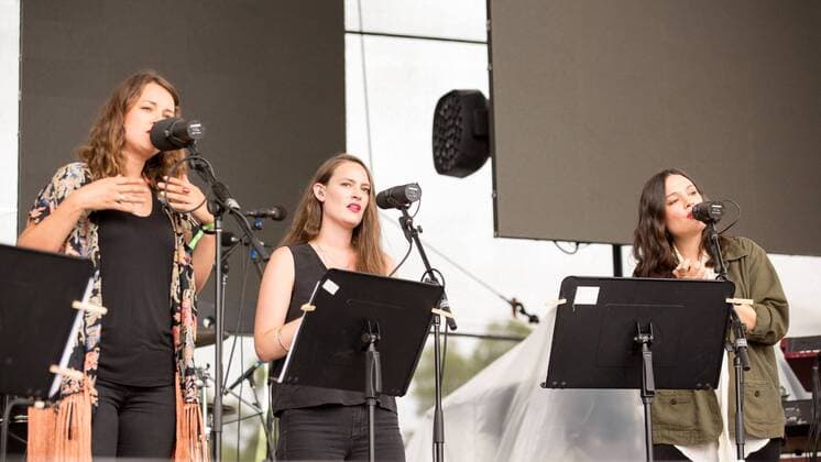 August 12, 2016 - Eau Claire, Wisconsin, U.S - EMILY STAVELEY-TAYLOR, JESSICA STAVELEY-TAYLOR and CAMILLA STAVELEY-TAYLOR of The Staves perform with the yMusic ensemble at Eaux Claires Music Festival in Eau Claire, Wisconsin Eau Claire U.S. - ZUMAs135