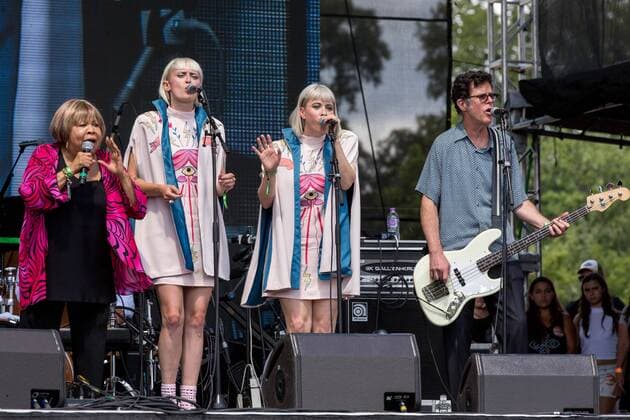 August 13, 2016 - Eau Claire, Wisconsin, U.S - MAVIS STAPLES (L) with HOLLY LAESSIG and JESS WOLFE of Lucius perform live at Eaux Claires Music Festival in Eau Claire, Wisconsin Eau Claire U.S. - ZUMAs135