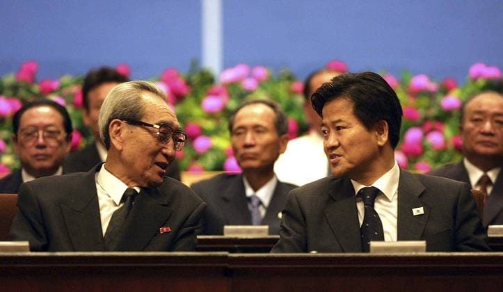 090819) -- BEIJING, Aug. 19, 2009 -- File photo taken on June 15, 2005 shows Kim Ki Nam (L), secretary of the Central Committee of the Workers Party of Korea (WPK) of the Democratic People s Republic of Korea (DPRK), attends the Meeting for National Reunification in Pyongyang, DPRK. Authorized by Kim Jong Il, top leader of the DPRK, Kim Ki Nam will lead a delegation to visit the Republic of Korea (ROK) to mourn former ROK president Kim Dae Jung from Friday to Saturday, the official KCNA news said on Aug. 20. Ji Xinlong) (lyx)  - ZUMAx10_