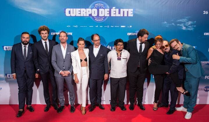 Joaquin Mazon, Maria Leon, Miki Esparbe, Jordi Sanchez, Adoni Agirregomezkorta, Juan Carlos Aduviri, Carlos Areces, Joaquin Reyes, Pepa Aniorte and Rober Bodegas during the premiere of Cuerpo de Elite at Capitol cinema. Madrid. August 25, 2016.  (20160825127)
