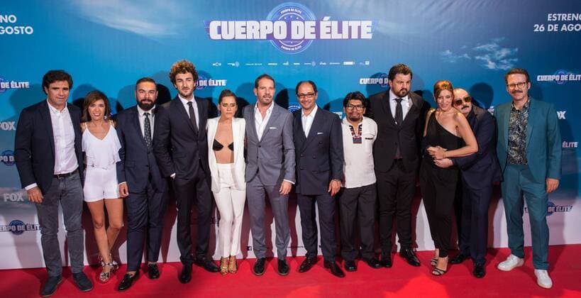 Joaquin Mazon, Maria Leon, Miki Esparbe, Jordi Sanchez, Adoni Agirregomezkorta, Juan Carlos Aduviri, Carlos Areces, Joaquin Reyes, Pepa Aniorte and Rober Bodegas during the premiere of Cuerpo de Elite at Capitol cinema. Madrid. August 25, 2016.  (20160825128)