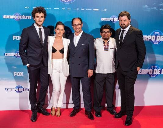 Maria Leon, Miki Esparbe, Jordi Sanchez, Adoni Agirregomezkorta and Juan Carlos Aduviri during the premiere of Cuerpo de Elite at Capitol cinema. Madrid. August 25, 2016.  (20160825130)