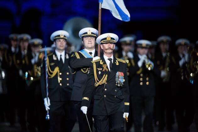 The Central Band of Navy of Russia performs during international military music festival Spasskaya Tower in Moscow, Russia, on Aug. 27, 2016. The 9th International Military Music festival Spasskaya Tower will take place from Aug. 27 to Sept. 4. Spasskaya Tower , the parade of the honor guards units and of the best military music bands of Russia and other countries, takes place every year on Red Square in Moscow. ) (djj) RUSSIA-MOSCOW-MUSIC FESTIVAL-SPASSKAYA TOWER EvgenyxSinitsyn 