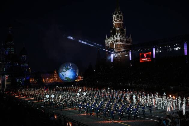 Musicians perform during international military music festival Spasskaya Tower in Moscow, Russia, on Aug. 27, 2016. The 9th International Military Music festival Spasskaya Tower will take place from Aug. 27 to Sept. 4. Spasskaya Tower , the parade of the honor guards units and of the best military music bands of Russia and other countries, takes place every year on Red Square in Moscow. ) (djj) RUSSIA-MOSCOW-MUSIC FESTIVAL-SPASSKAYA TOWER EvgenyxSinitsyn 