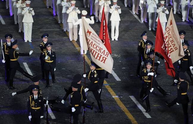 MOSCOW, RUSSIA - AUGUST 27, 2016: Participants in the 9th Spasskaya Tower international military music festival perform at the festival s opening in Moscow s Red Square. Artyom Geodakyan TASS  TS02EEB1