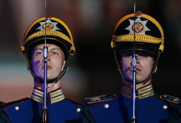 MOSCOW, RUSSIA - AUGUST 27, 2016: Members of the Honor Guard of the Presidential Regiment of Russia perform at the opening of the 9th Spasskaya Tower international military music festival in Moscow s Red Square. Artyom Geodakyan TASS  TS02EEB6