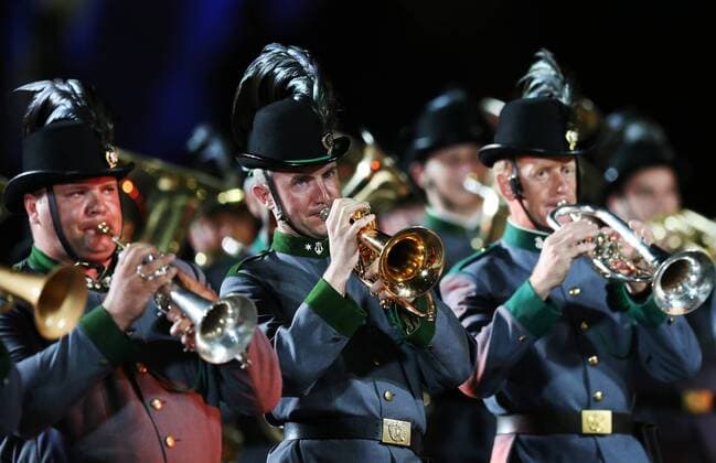 MOSCOW, RUSSIA - AUGUST 27, 2016: Members of the Original Tiroler Kaiserjagermusik Band of Austria perform at the opening of the 9th Spasskaya Tower international military music festival in Moscow s Red Square. Artyom Geodakyan TASS  TS02EF5F