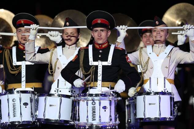 MOSCOW, RUSSIA - AUGUST 27, 2016: Members of the Band of the Moscow Military Music College perform at the opening of the 9th Spasskaya Tower international military music festival in Moscow s Red Square. Artyom Geodakyan TASS  TS02EF63